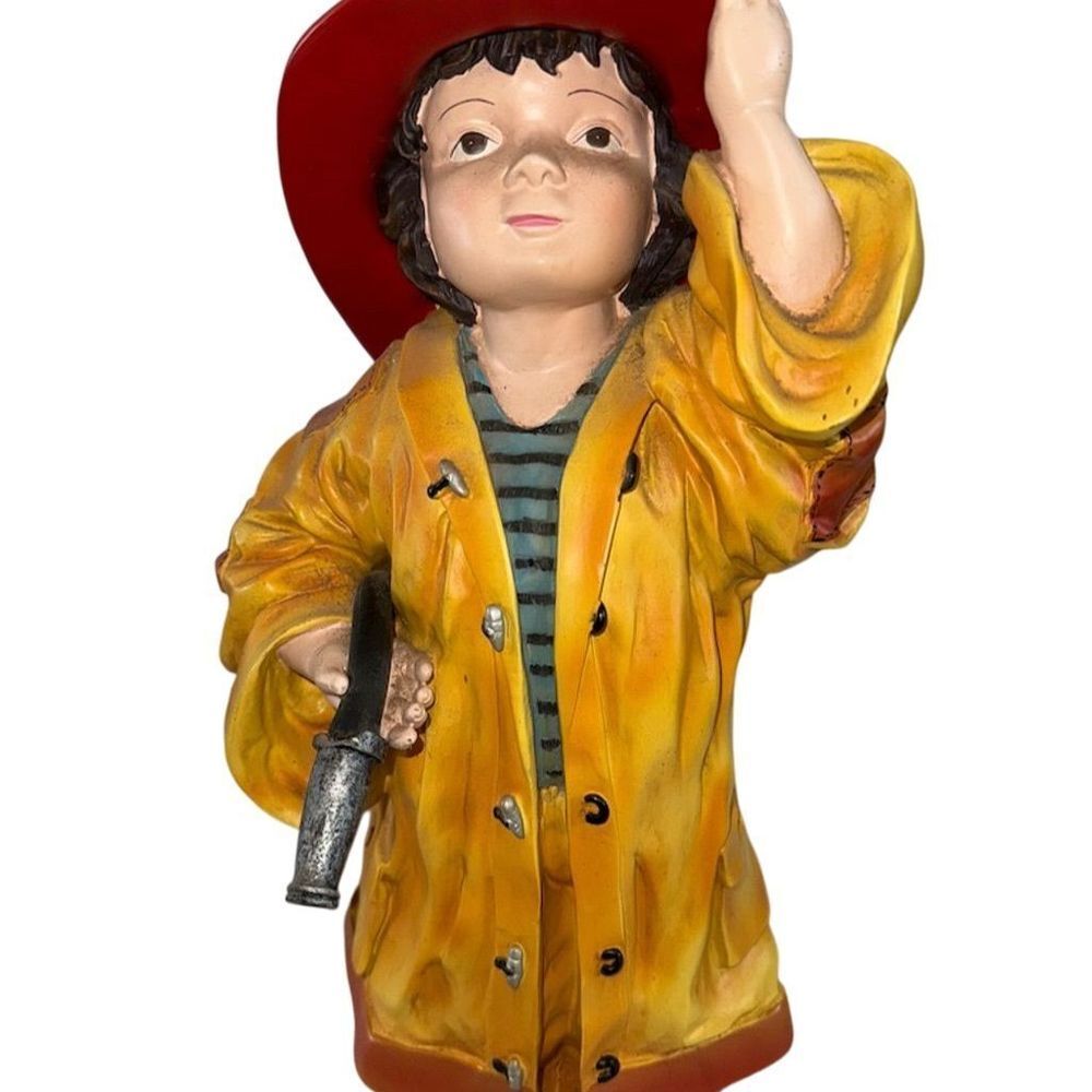 Vintage Boy in Yellow Raincoat Figurine with Red Firefighter Hat cothique